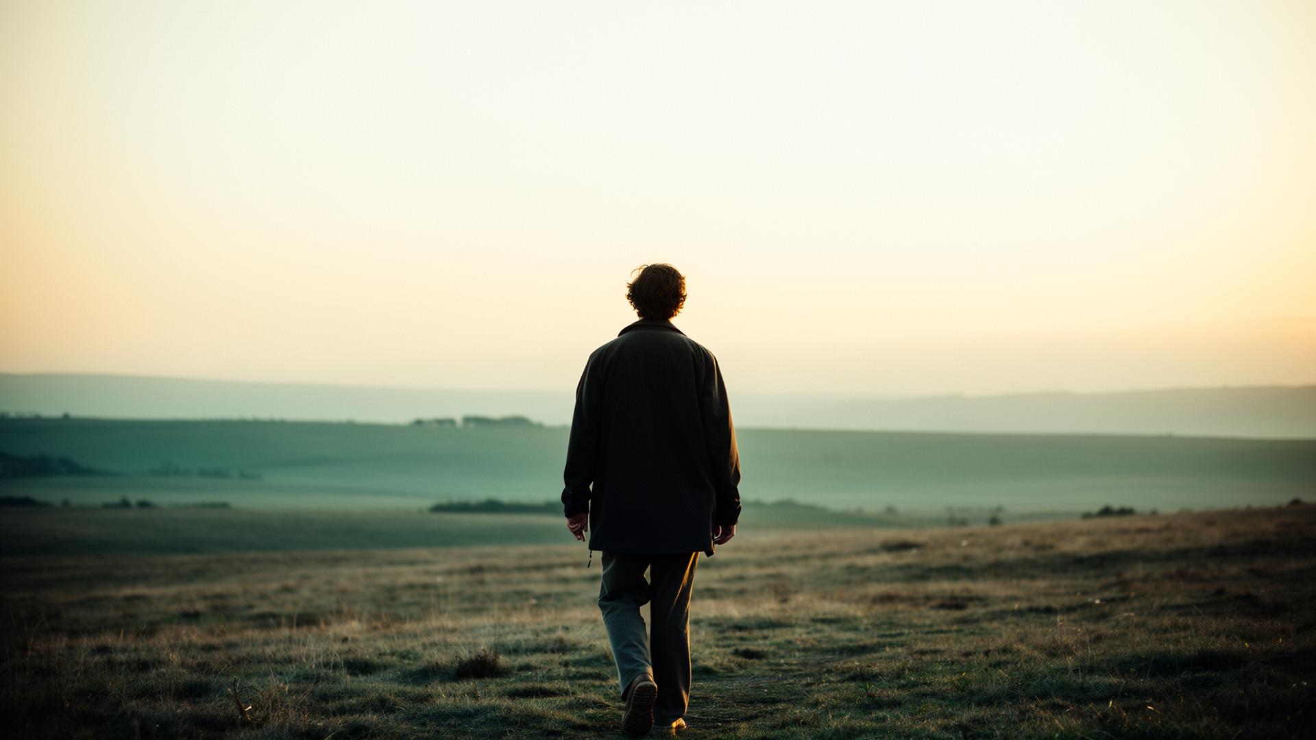 A person walking toward an open horizon at golden hour