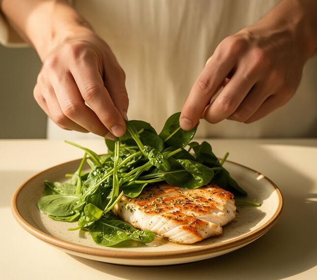 Hands plating a simple high-protein meal